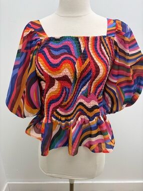 THML Multicolor Smocked Peplum Blouse in Pink, Blue, Yellow & Orange
